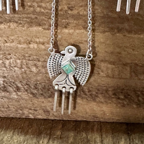 Sterling Silver Kingman Turquoise Dangle Thunderbird Necklace and Earrings Set - Picture 3 of 8